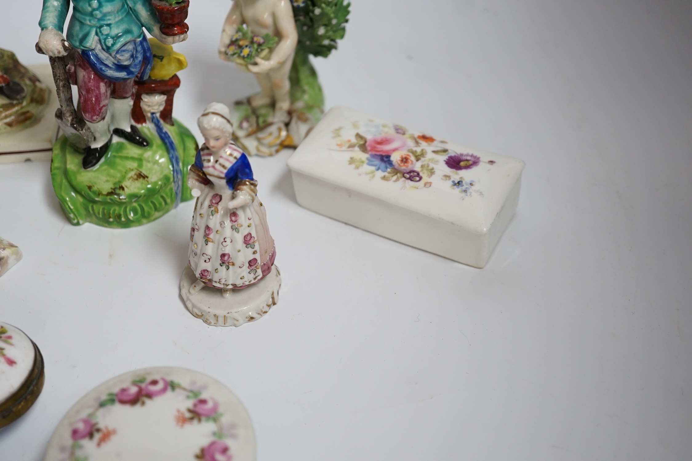 A group of early 19th century and later Staffordshire and other figures, Staffordshire enamel boxes etc, largest 17cm high